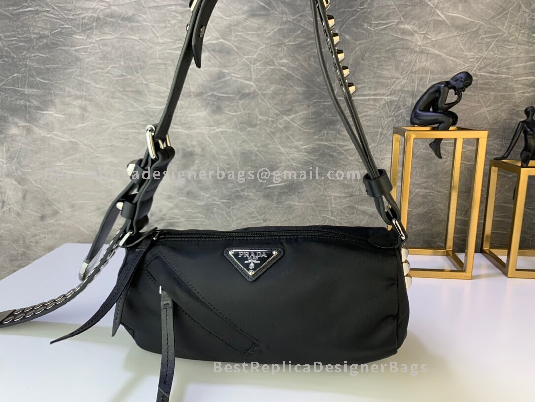 Prada Black Mini Fabric Shoulder Bag With Leather And Studs SHW 1BC100